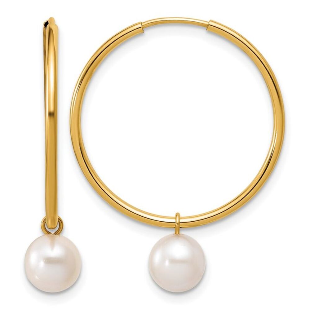 14K Gold Filled 6-7mm Round White FWC Pearl Dangle Hoop Earrings, 25mm